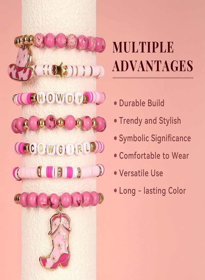 JOLYEAK 7Pcs Western Cowgirl Bracelets,Rainbow Clay Beaded Bracelet,Vintage Beaded Western Bracelet,Stackable Bohemian Bracelets for Women Cowgirl (Pink) - Image 3